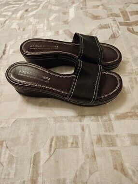 Donald J. Pliner Black Slide Wedge Sandals with White Stitching